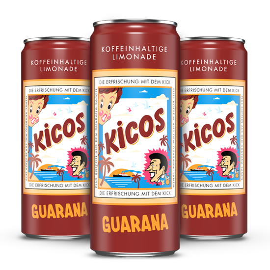 Drei braunrote Dosen Kicos Guarana stehen nebeneinander.